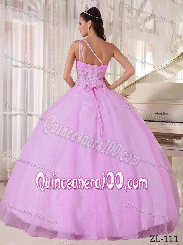 Lovely One Shoulder Pink Dress for Quince with Beading Waist