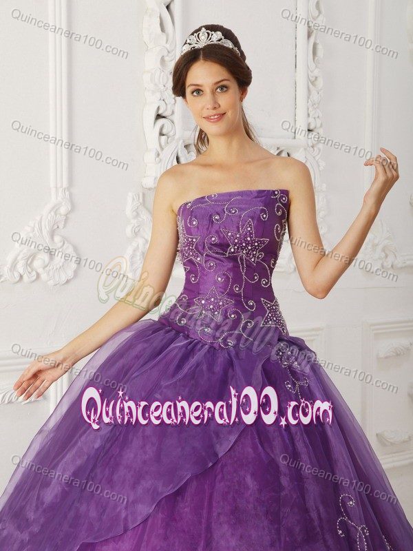 Organza Strapless Beaded and Embroidered Dresses for 15 in Purple