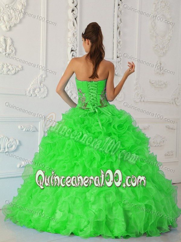 Spring Green Strapless Dresses for A Quince with Appliques Ruffles