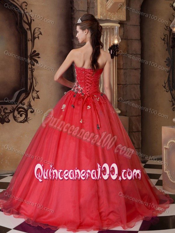 Appliques and Beading Accent Red A-line Organza Sweet 16 Dresses