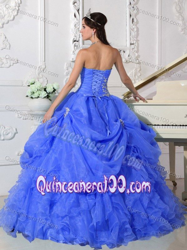 Appliques and Ruffles Accent Blue Organza Sweet Sixteen Dresses