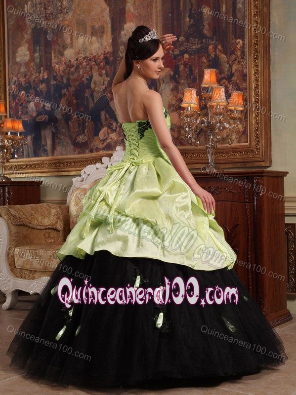 Yellow Green and Black Quinceanera Gowns with Appliques Pick ups