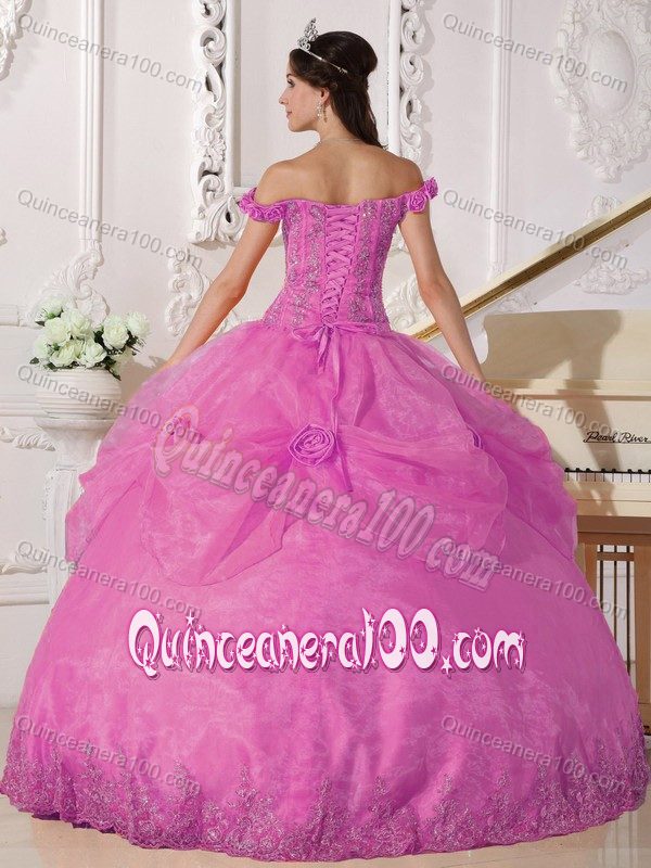 Appliqued Off Shoulder Flowers Organza Quinceanera Gown in Rose Pink