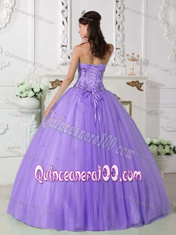 Appliqued Sweetheart Tulle Floor Length Lavender Quinces Dresses