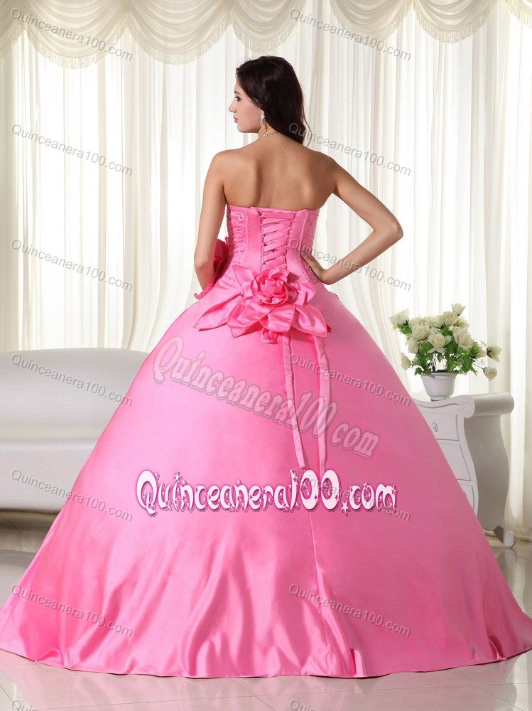 Embroidery Pink Dress for Sweet 16 with Hand Made Flowers