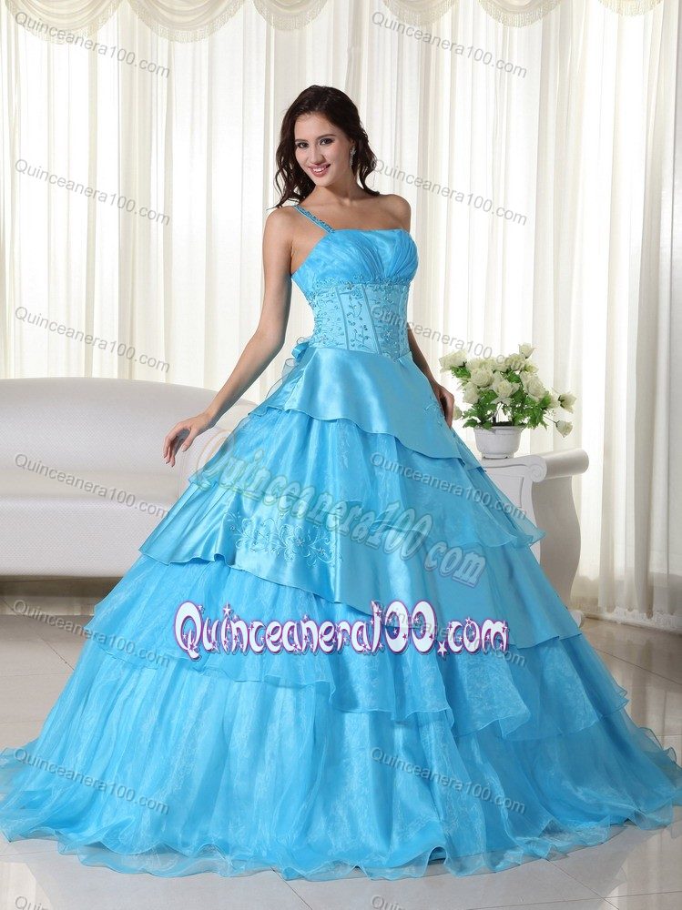 One Shoulder Aqua Blue Embroidery 16 Dresses with Tiers