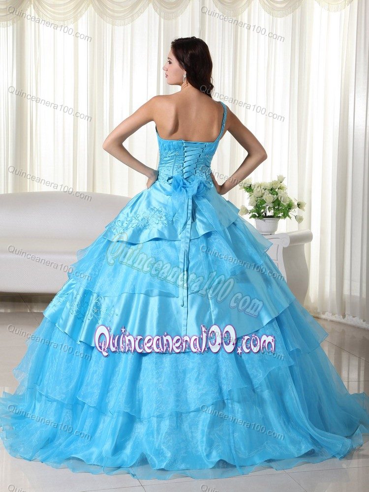 One Shoulder Aqua Blue Embroidery 16 Dresses with Tiers