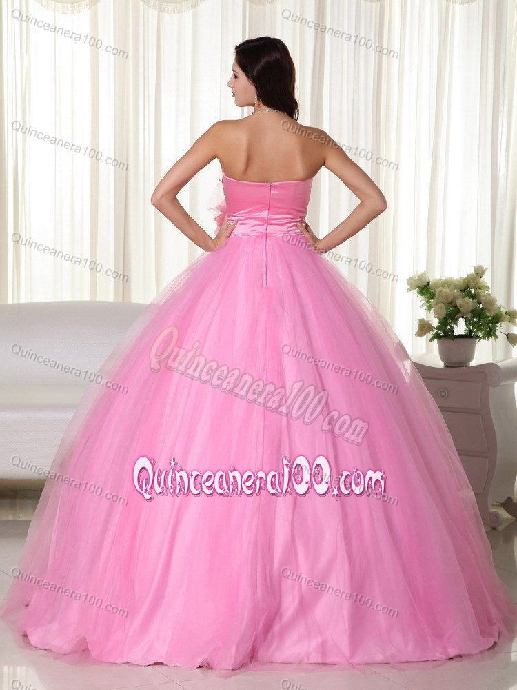 Ruched Bodice Pink Dresses for Quince with Flower On Waist