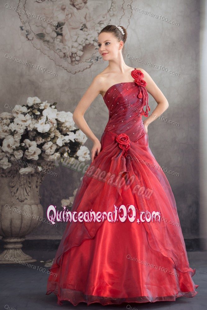 One Shoulder Beaded Red Sweet 16 Dress with Hand Made Flowers