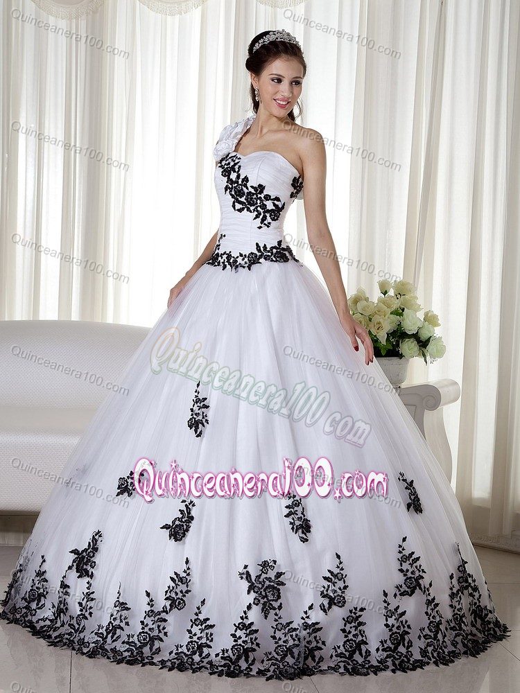 White and Black Dress for Sweet 16 with One Floral Shoulder