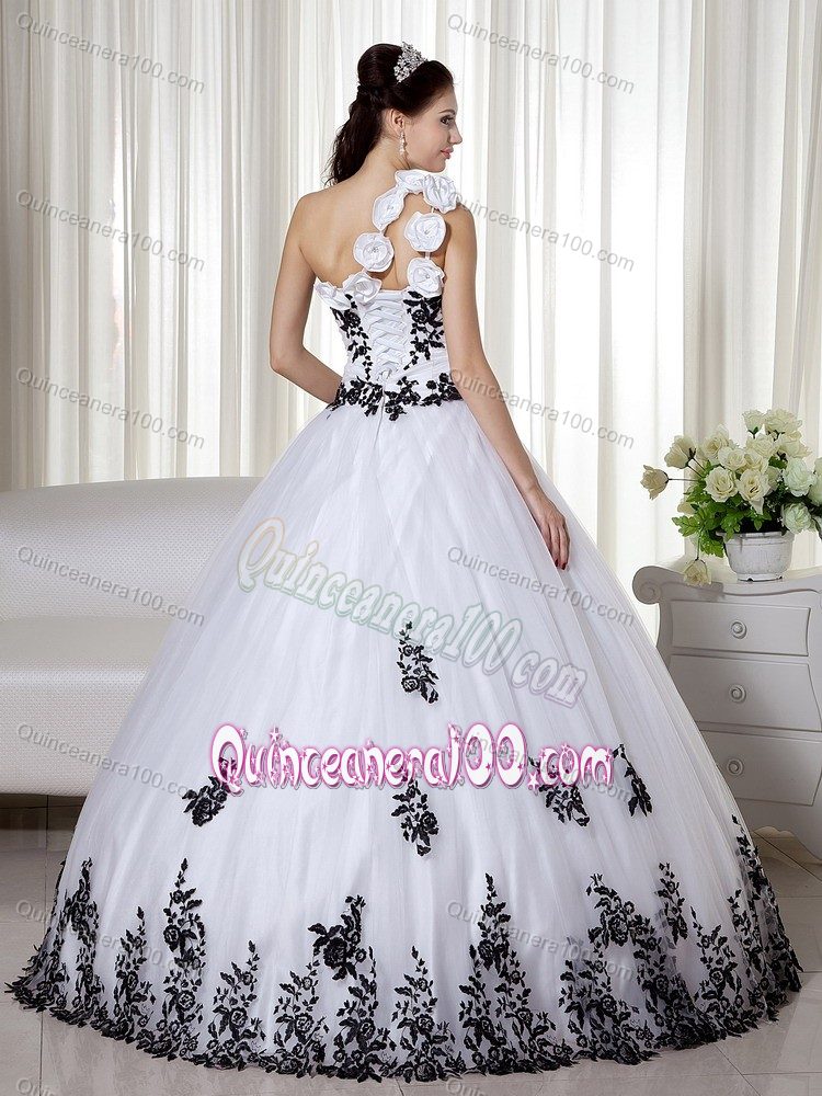 White and Black Dress for Sweet 16 with One Floral Shoulder
