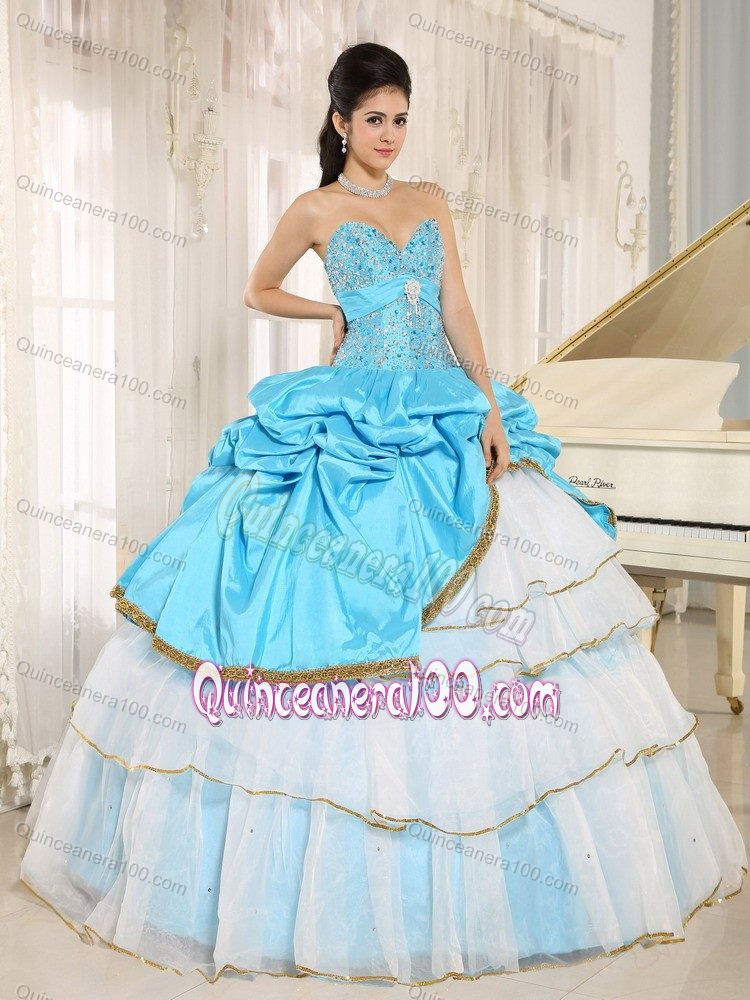 Beading Aqua Blue and White Sweet 15 Dresses with Pick-ups