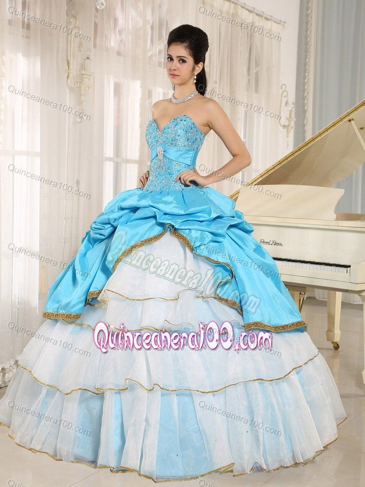 Beading Aqua Blue and White Sweet 15 Dresses with Pick-ups
