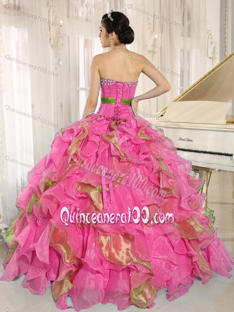 Colorful Ruffled Quinceanera Gowns with Ribbon Decorate