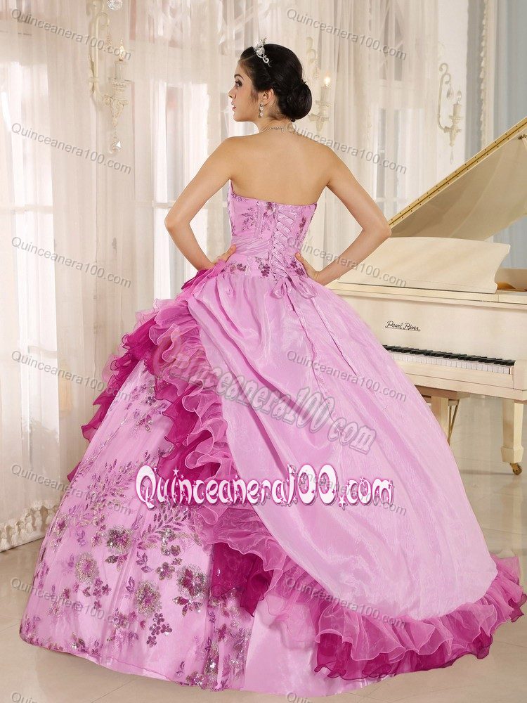 Rose Pink Appliqued Quinceanera Gowns with Hand Made Flowers