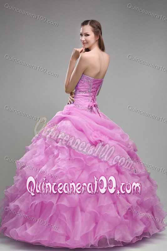 Rose Pink Ruffled Appliqued Quince Dresses with Pick-ups
