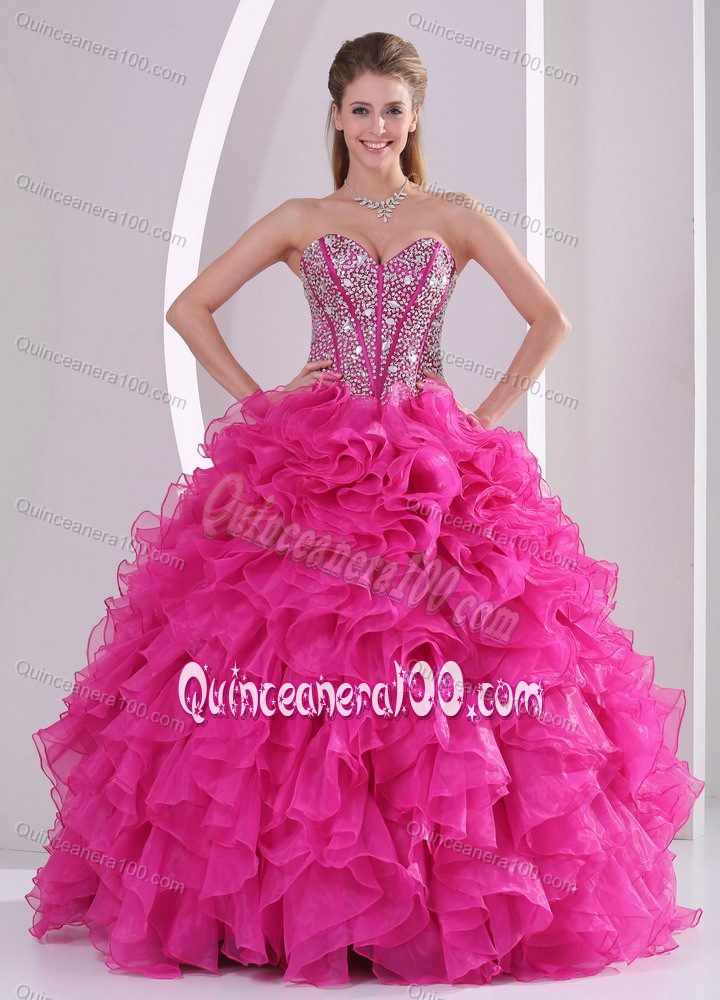 Hot Pink Beads Decorate Quinceanera Dresses with Ruffles