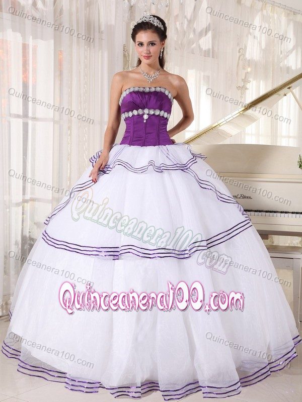 White and Purple Organza Appliqued Dress Quince with Tiers