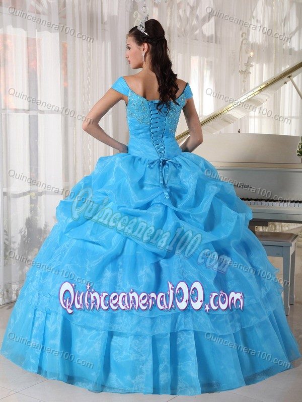 Sky Blue off Shoulders Appliqued Quinceanera Dresses with Pick-ups