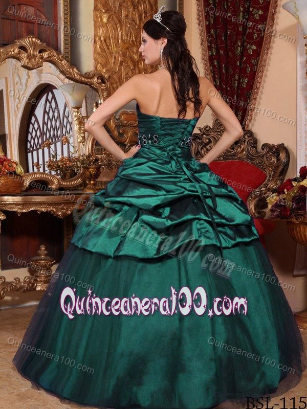 Unique Dark Green Sash Accent Sweet 15 Dress with Pick-ups