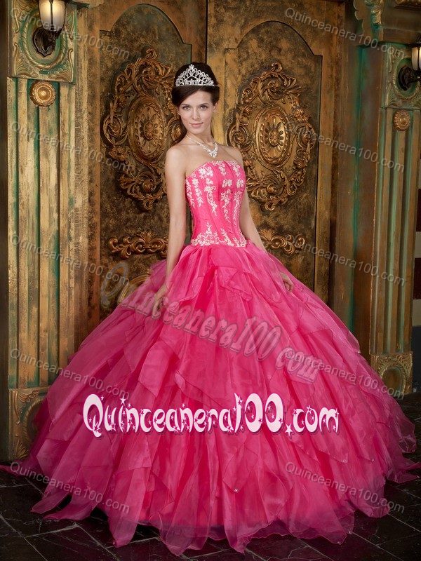 Hot Pink Beading Ruffled Dress Quinceanera with Appliques