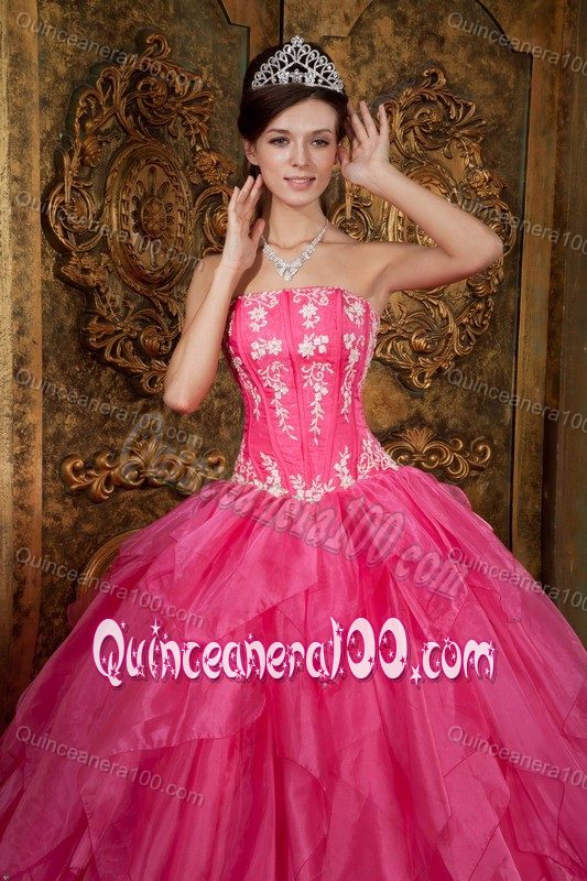 Hot Pink Beading Ruffled Dress Quinceanera with Appliques