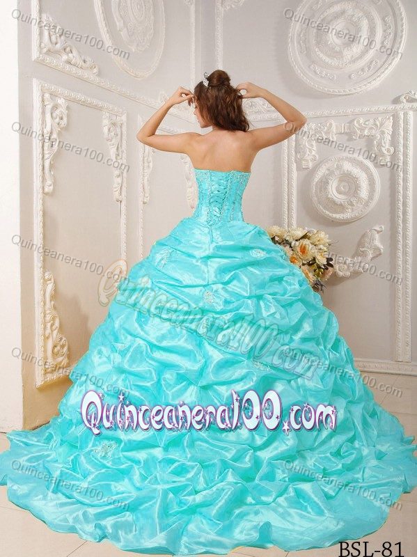 Mint Court Train Appliqued Sweet 15/16 Dress with Pick-ups