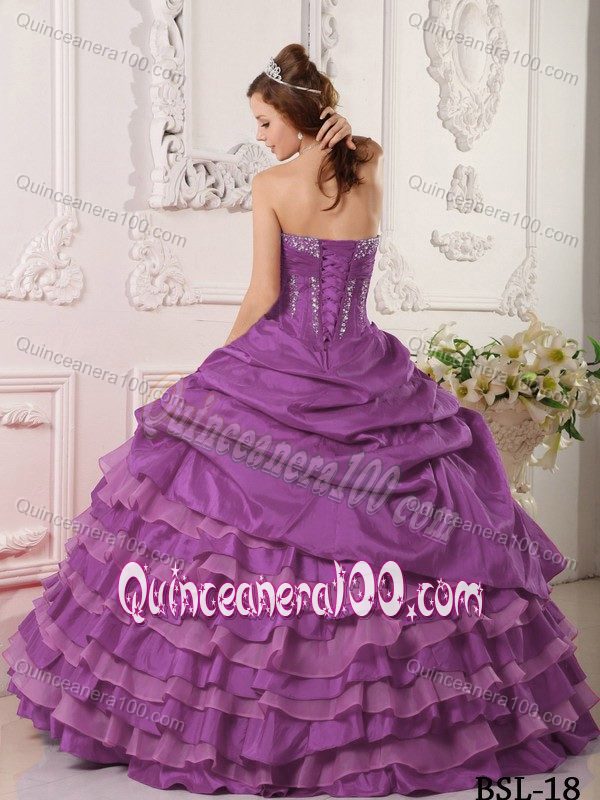 Beading Light Purple Multi-Tiered Quince Dress with Pick-ups
