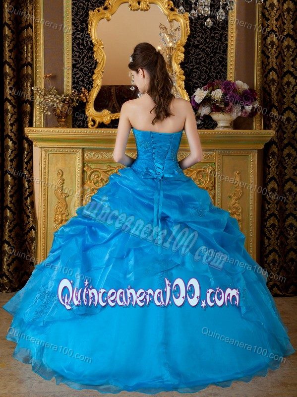 Blue Strapless Pick-Up Accent Dress for15 with Appliques