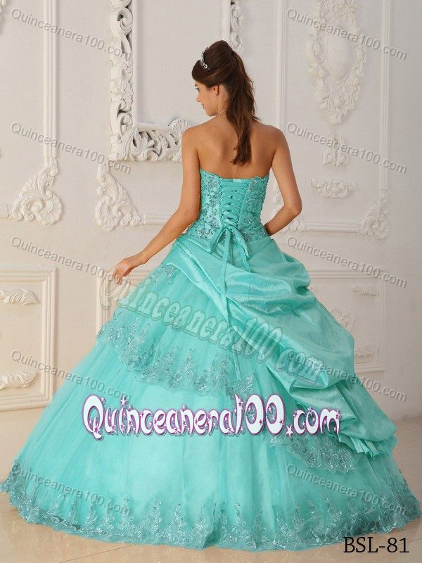 Turquoise Strapless Appliques Quinceanera Party Dresses for 2014