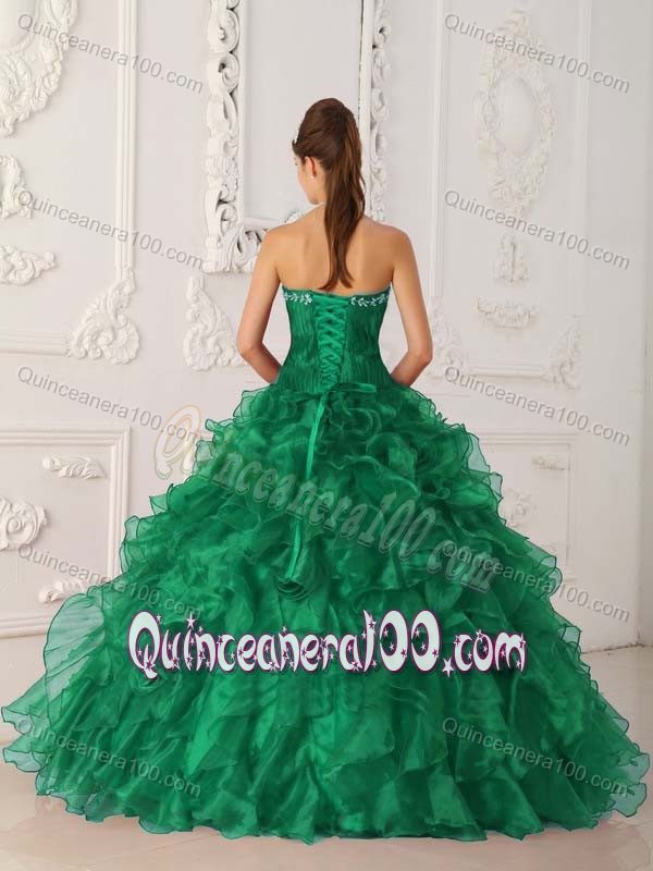 Fitted Green Strapless Quince Dresses with Ruffles and Embroidery