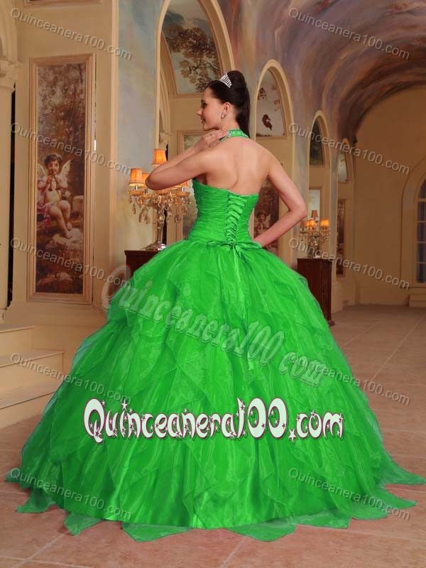 Spring Green Halter Top Ruffles Sweet Sixteen Dresses with Beading
