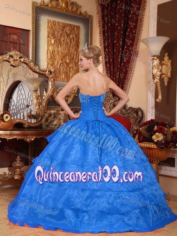 Trendy Organza Strapless Blue Quinceanera Dresses with Appliques