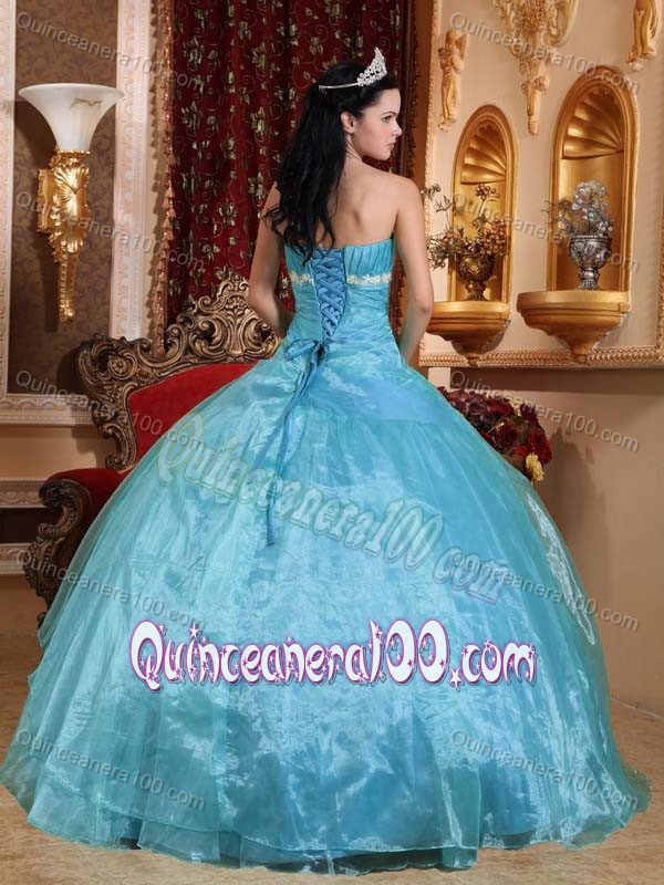 Organza Strapless Aqua Blue Dresses for Sweet 16 with Appliques