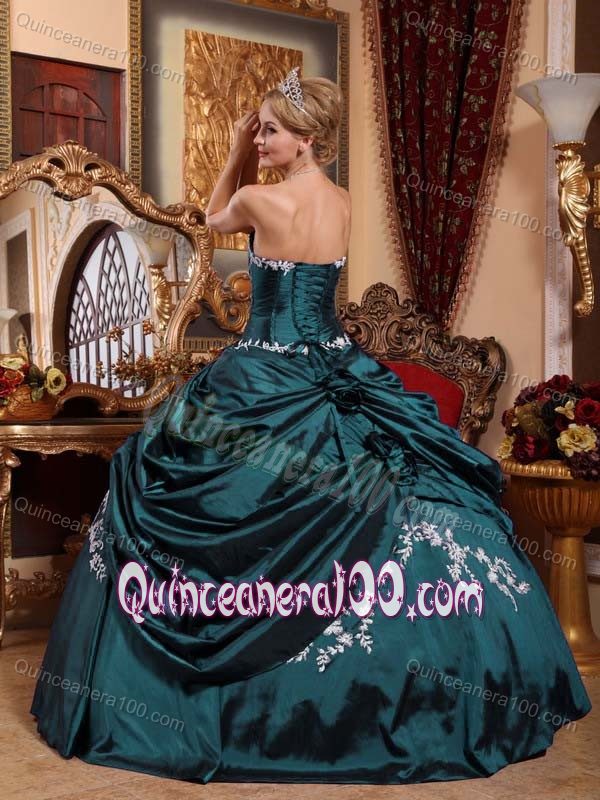 2013 New Hunter Green Quinceanera Dress with White Appliques