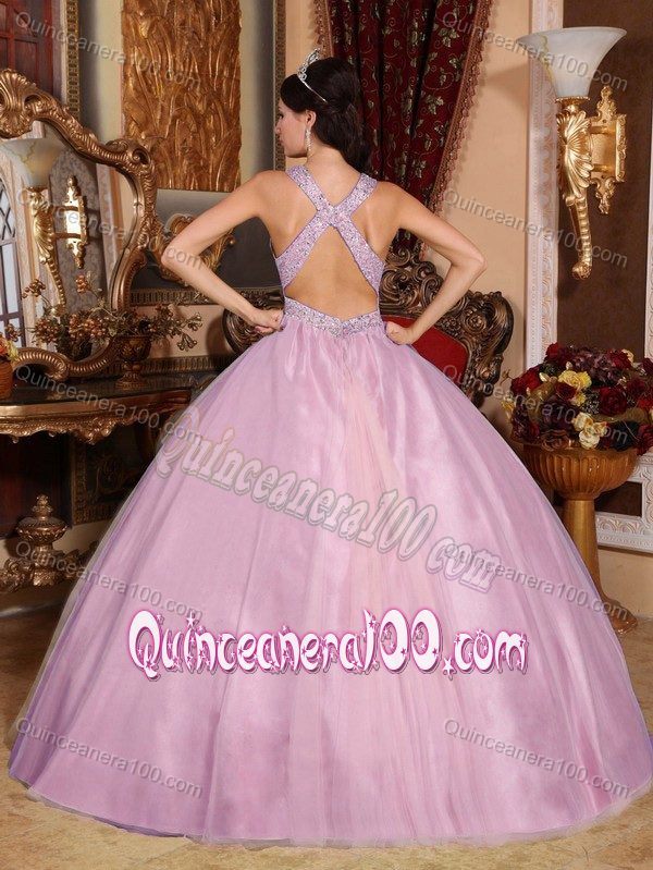 Discount V-neck Floor-length Beaded Pink Dress for Sweet 15