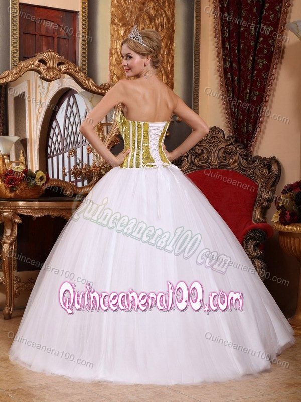 Sequins Corset Back Gold and White Strapless Dress for Sweet 15
