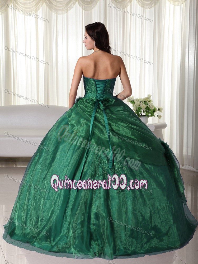 Dark Green Embroidery Pick Ups Flowers Dress for Sweet 15