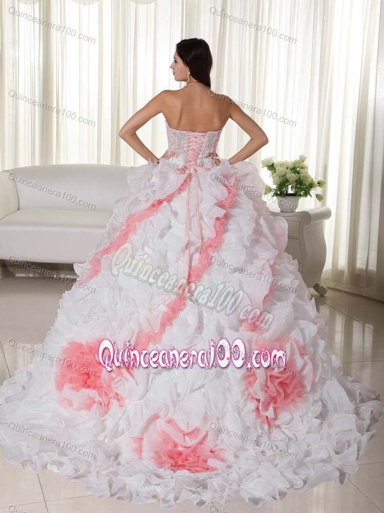 Corset Back Appliqued White and Pink Ball Gown Sweet 16 Dress