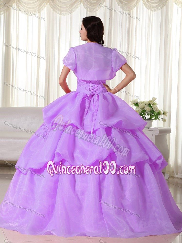 Appliqued Lilac Sweet 15 Dresses with Pick Ups and Flowers