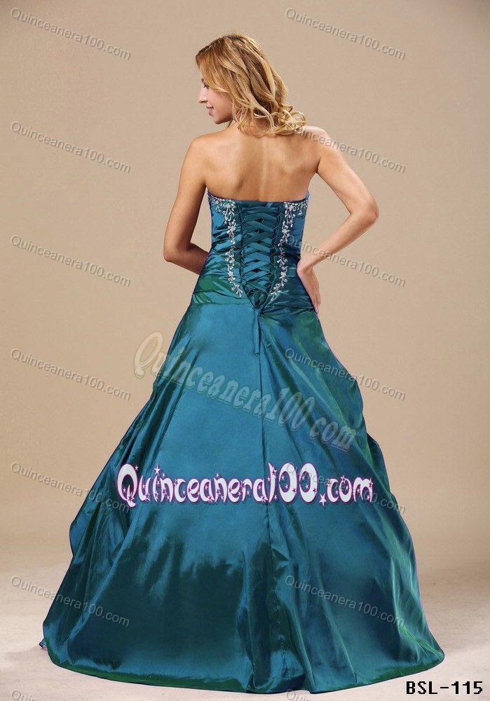 2014 Teal Sweetheart Ruche Quinceanera Party Dress with Appliques