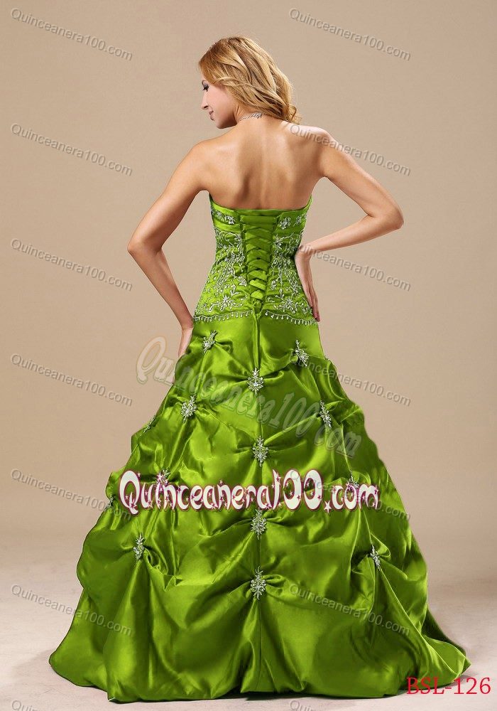Latest Green Strapless Embroidery Sweet 15 Dresses with Pick-ups