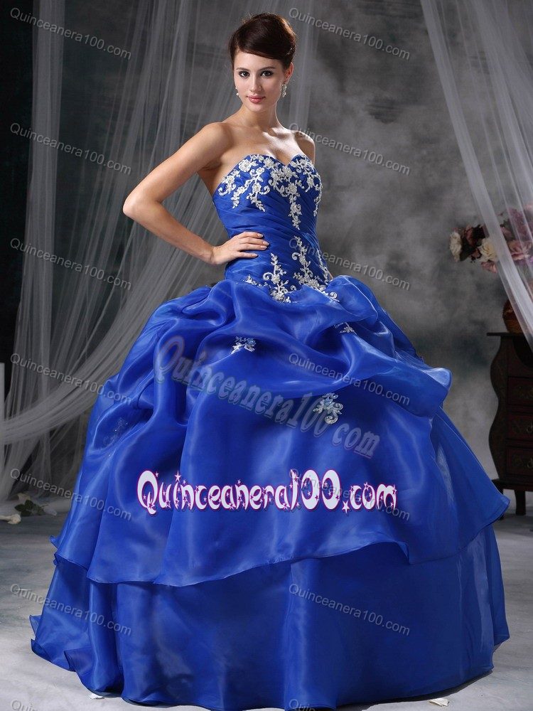 Best Seller Royal Blue Organza Appliques Quinceanera Dress