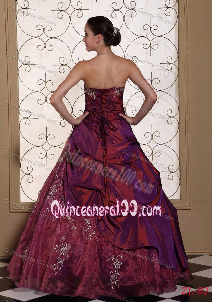 Burgundy A-line Taffeta and Organza Quinceanera Gowns Dresses
