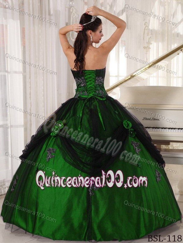 Black and Hunter Green Dress for Quinceanera with Appliques Flowers