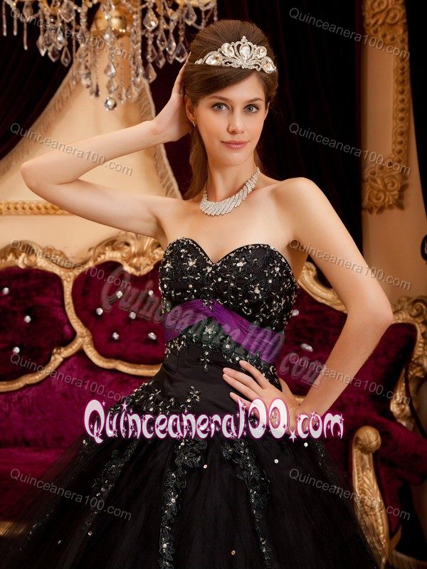 Black A-line Tulle Sweet Sixteen Dresses with Beading Sweetheart