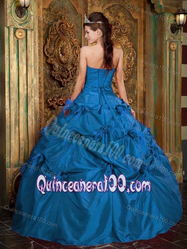Ruched and Beaded Teal Taffeta Feather Sweet Sixteen Dresses