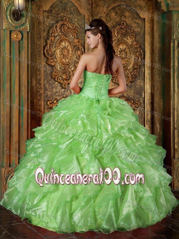 Unique Spring Green Sweet 15 Dress with Layers and Hand Made Flower