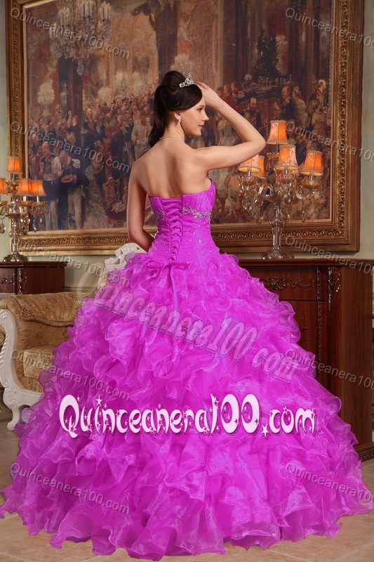 Beautiful Fuchsia Sweetheart Ruched Organza Beading Quinceanera Dress