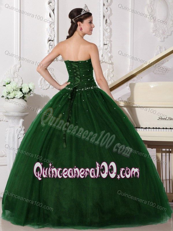 Modest Hunter Green Sweetheart Tulle Rhinestones Quinceanera Dress